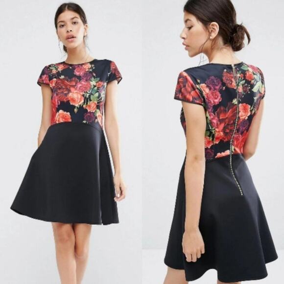 Ted Baker Xylee Skater Dress Floral Scuba Cap Sleeve Fit&Flare BlackRed Size 3/8 - Picture 1 of 10